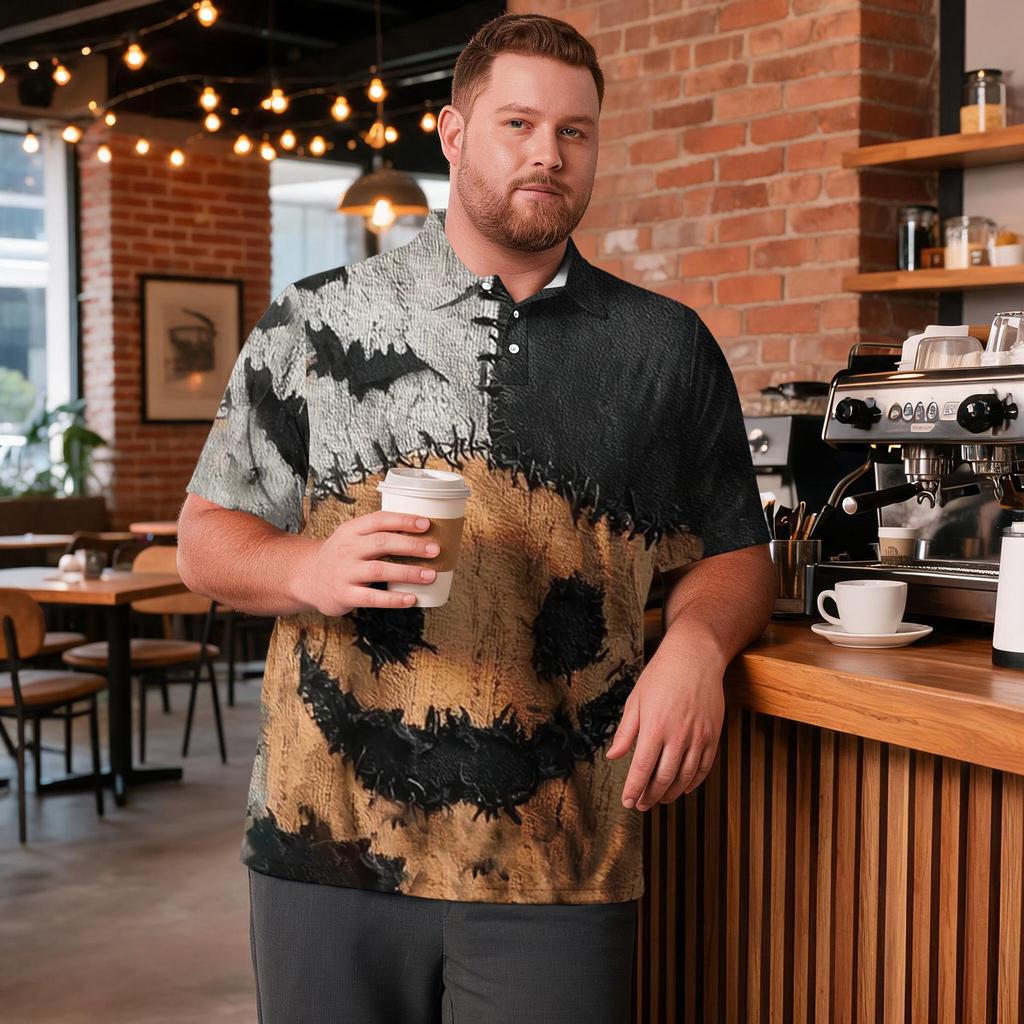 Men's Plus Size Halloween Print Golf Polo Shirt Breathable Short Sleeve Casual Workwear Top with Button Collar