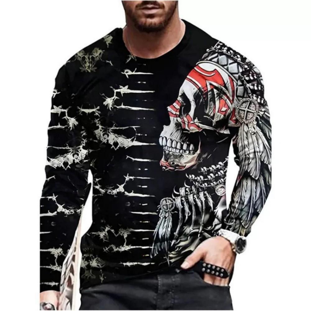 Edgy Skull Graphic Long Sleeve T-Shirt, Cool Streetwear Top for Men