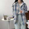 Camicetta casual a maniche lunghe autunnale coreana di media lunghezza, ampia, da donna, a quadri, alla moda femminile, con colletto rovesciato