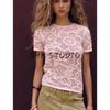 Summer New Arrival Women's Round Neck Silm Short Sleeve T-shirt Flower Print Texture Knitting Tops 0234006