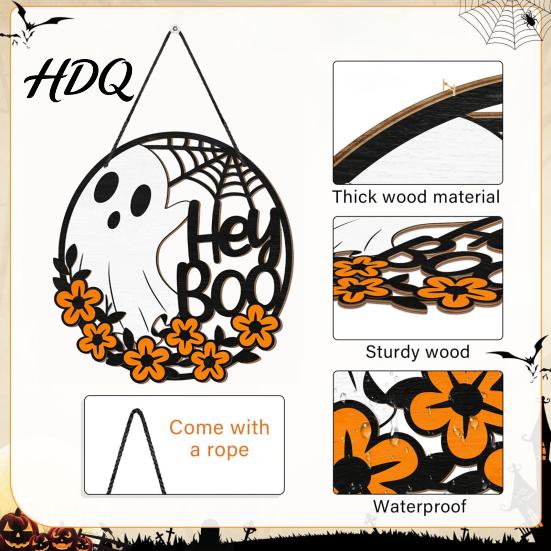 Outdoor Holiday Decoration Halloween Ghost Door Sign, Cute Hey Boo Wooden Hanging Wreath Decoration, Durable Solid Wood Sign Round Rustic Farmhouse