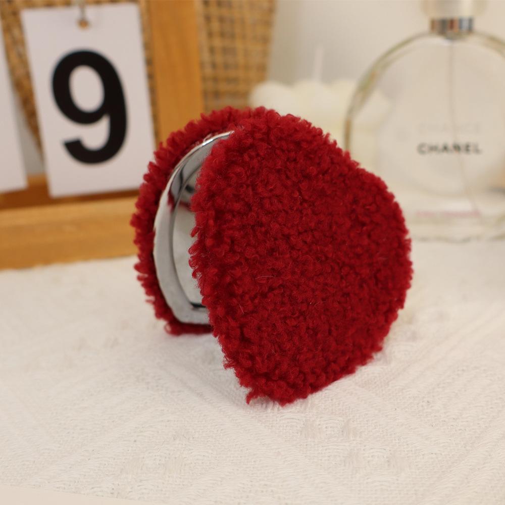 Plush Heart-Shaped Makeup Mirror with Magnifying Side, Folding Dual-Sided Portable Compact in Soft Teddy Bear Fur