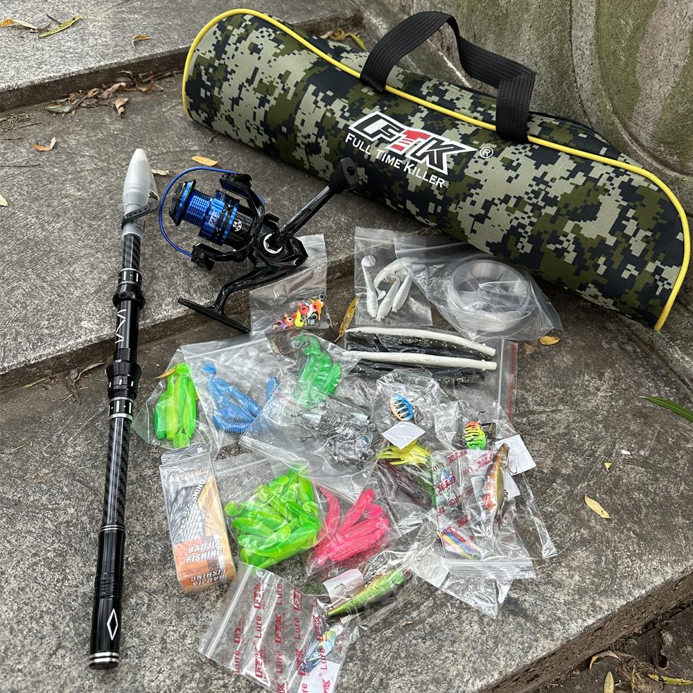 FTK 106pcs 1.8m Fishing Rod and Reel Float Lure Set Carbon Fiber Telescopic Fishing Rod  Spinning Reel for Saltwater Freshwater