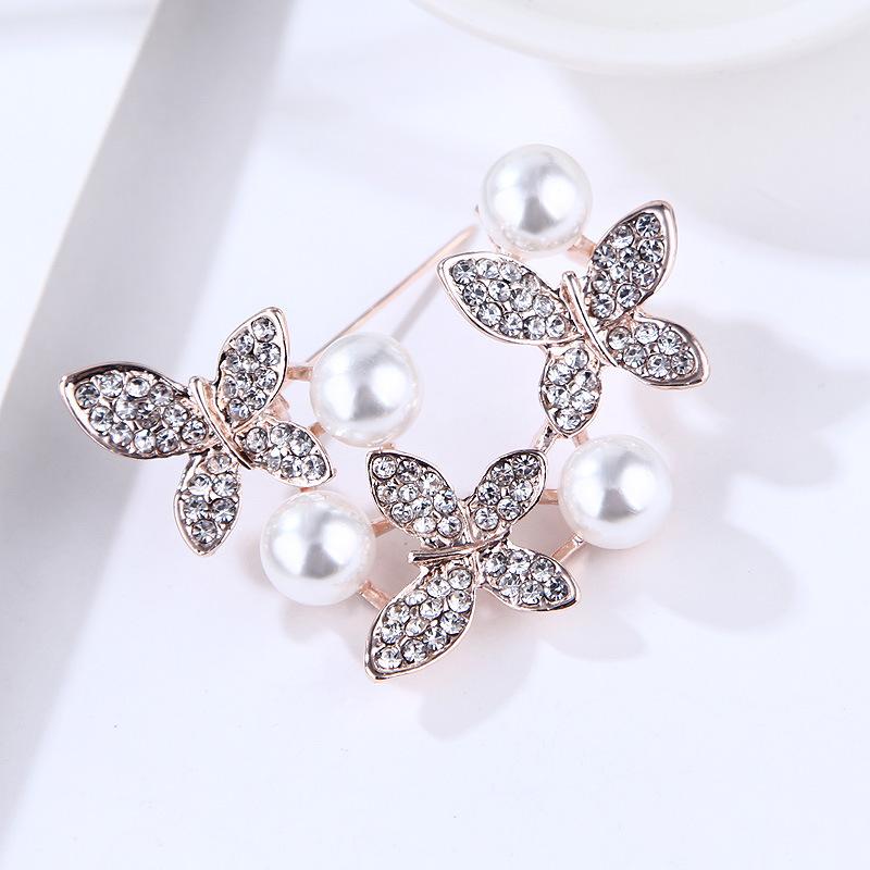 Mode Voller Diamanten Drei Schmetterlinge Dreidimensional Große Perle Brosche Anstecknadel Brosche Accessoires Brosche Schmuck