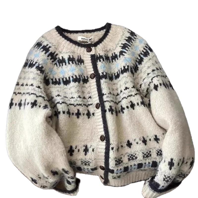 Luxury Retro Fair Isle Knit Cardigan – Women's Autumn/Winter Thickened Single-Breasted Sweater Coat