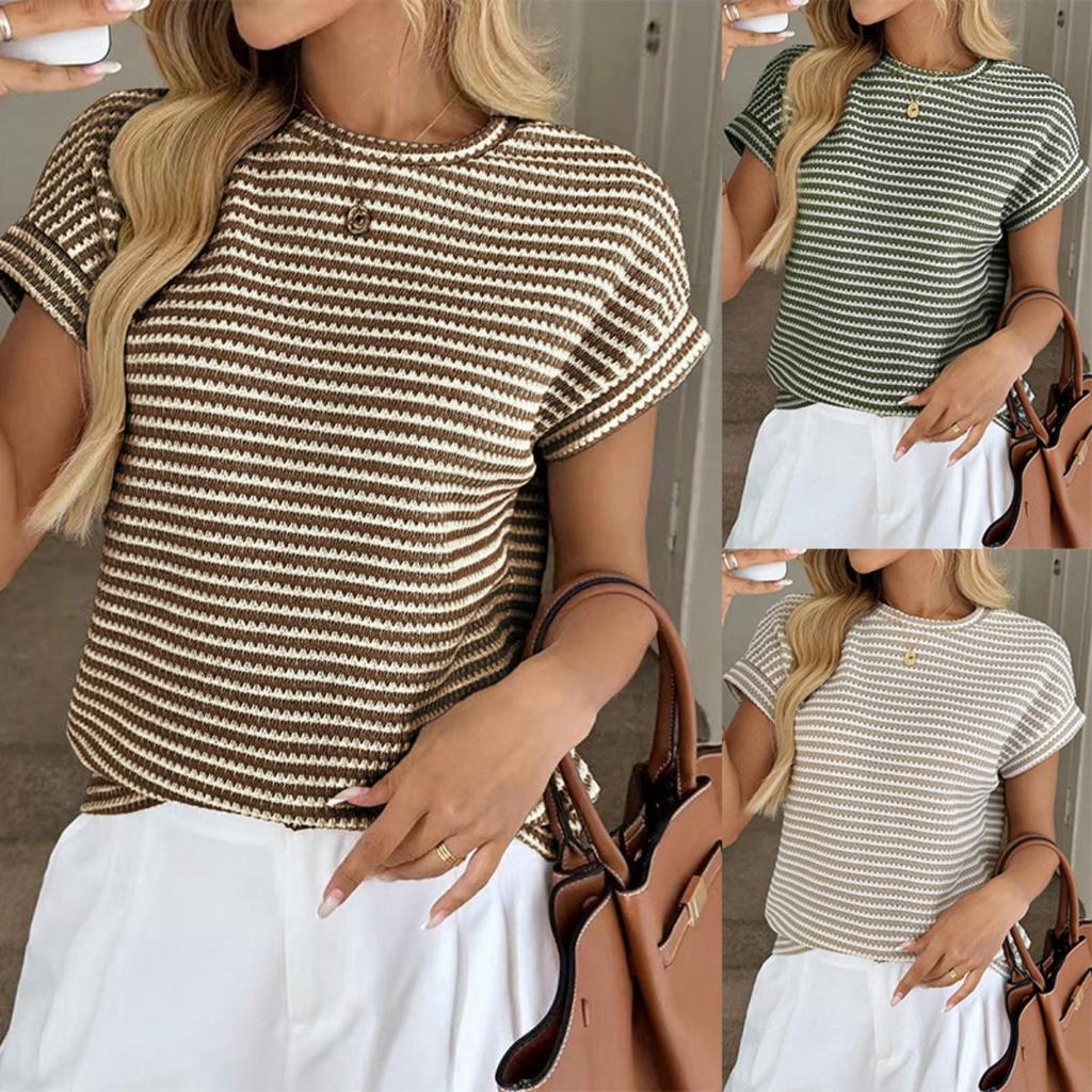 Sommer Damen Rundhals Pullover Zweifarbig Gestrickt Kurzarm Top, Grenzüberschreitend Lässiges Stricktop für Europa Amerika