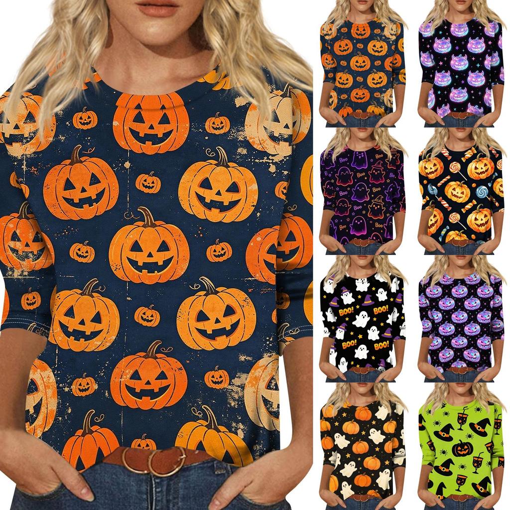 Women's Casual 3/4 Sleeve Halloween Graphic Top Crew Neck Printed Shirt Lightweight Comfortable Fit