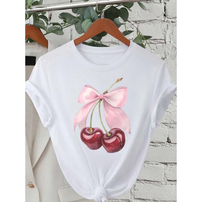 Fashion Cherry Print Women T-Shirt Short Sleeve Crew Neck Casual Tops for Summer Spring Women's Clothing Tops Tees