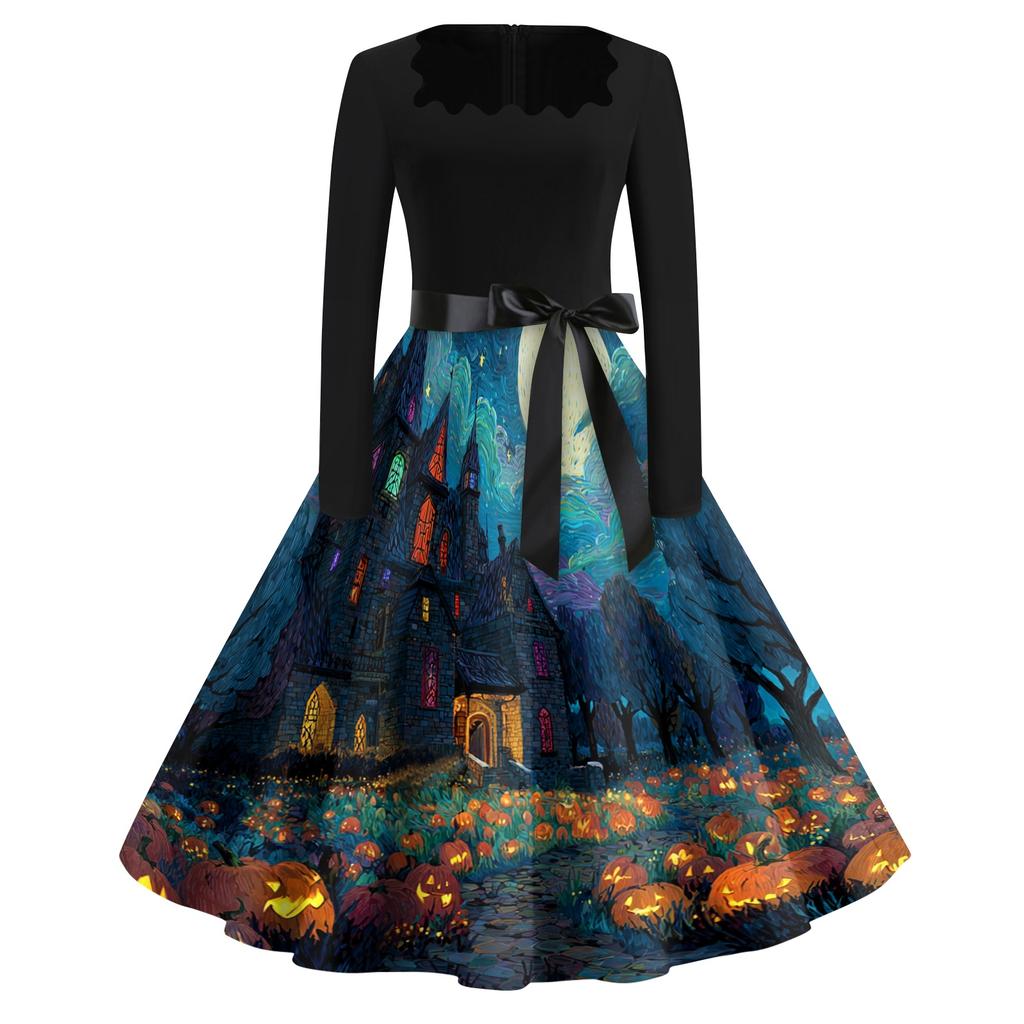 Women's Vintage Square Neck Casual Dress with Halloween Print for Fall Occasions
