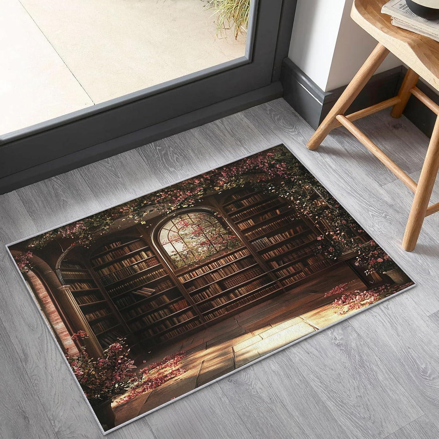 

Vintage Style Tree Hollow Bookshelf Door Mat Floral Vines Literary Theme Home Decor Carpet Non-Slip Entrance Rug for Hallway 30x50cm