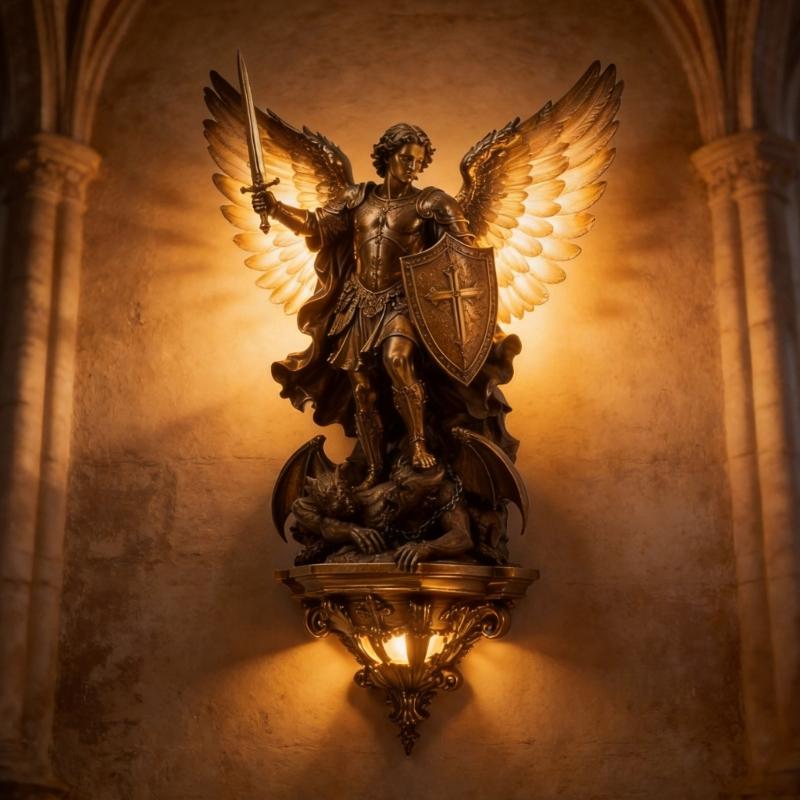Archangel Wall Sconce Resin Religious Decor Light With Bronze Style Finish and Backlit Detail for Bedroom, Prayer Corner and Hallway Display