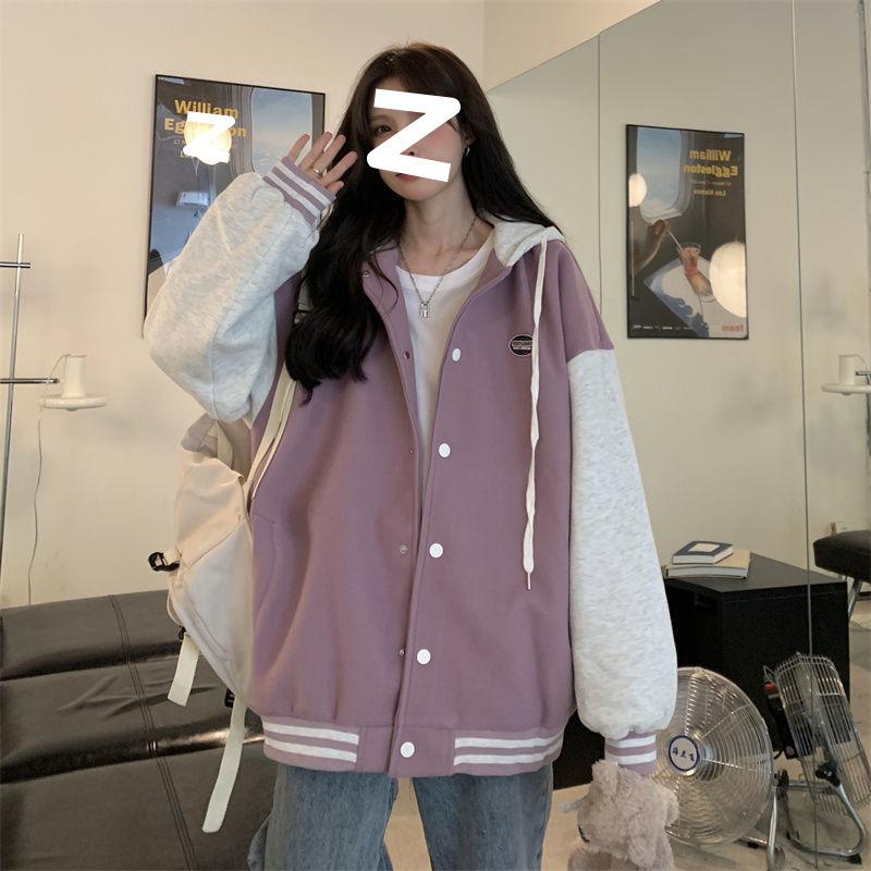 Контрастная цветная строчка с капюшоном куртка-толстовка для женщин осень и зима новый корейский стиль свободная студенческая универсальная бейсбольная форма тренд S S size recommends 35kg--425 kg 3829₽