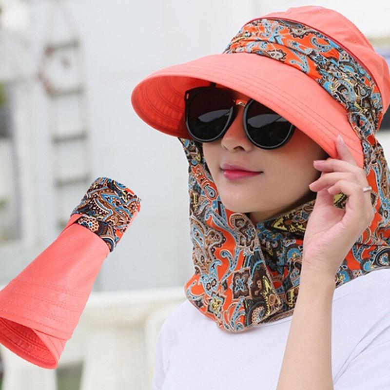

Women Summer Anti-Uv Sun Hat Outdoor Foldable Floral Print Caps Neck Face Watermelon red