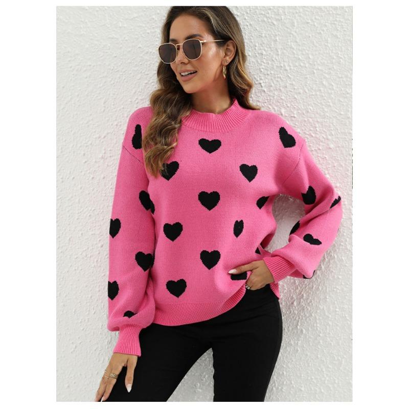 Women S Western Style Pullover Crew Neck Long Sleeve Knit Sweater With Heart Print