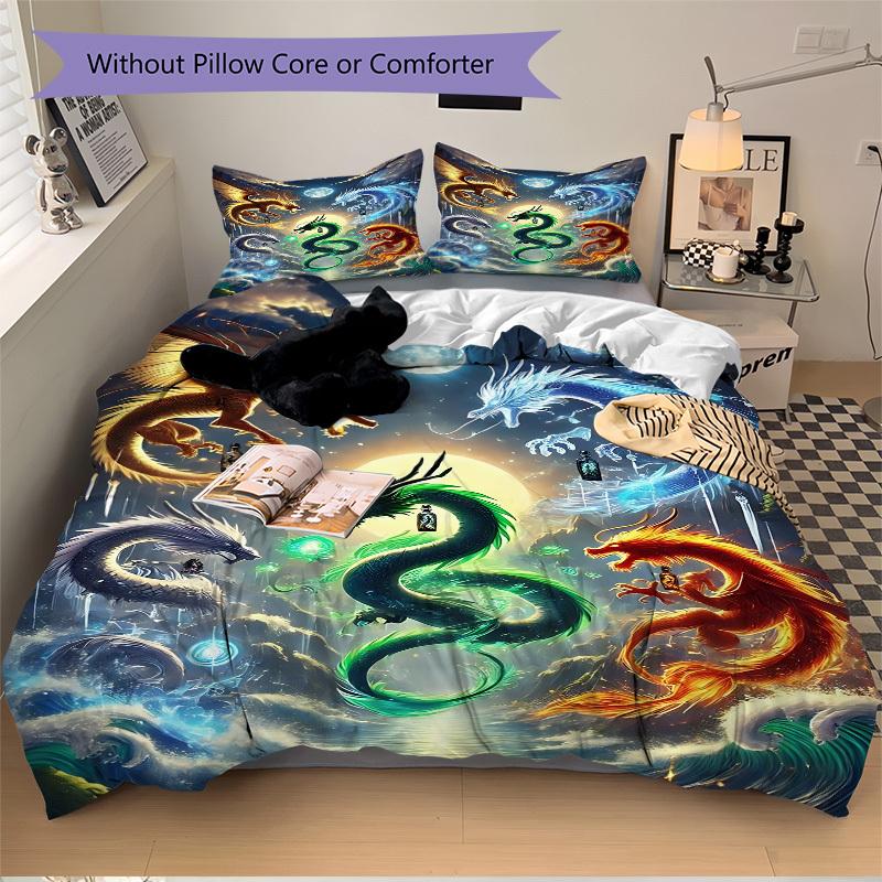 3pcs Mythical Dragons Duvet Cover Set, Cover For Bedroom Guest Room (1 Duvet Cover + 2 Pillowcase, Without Quilt),  yy250922161