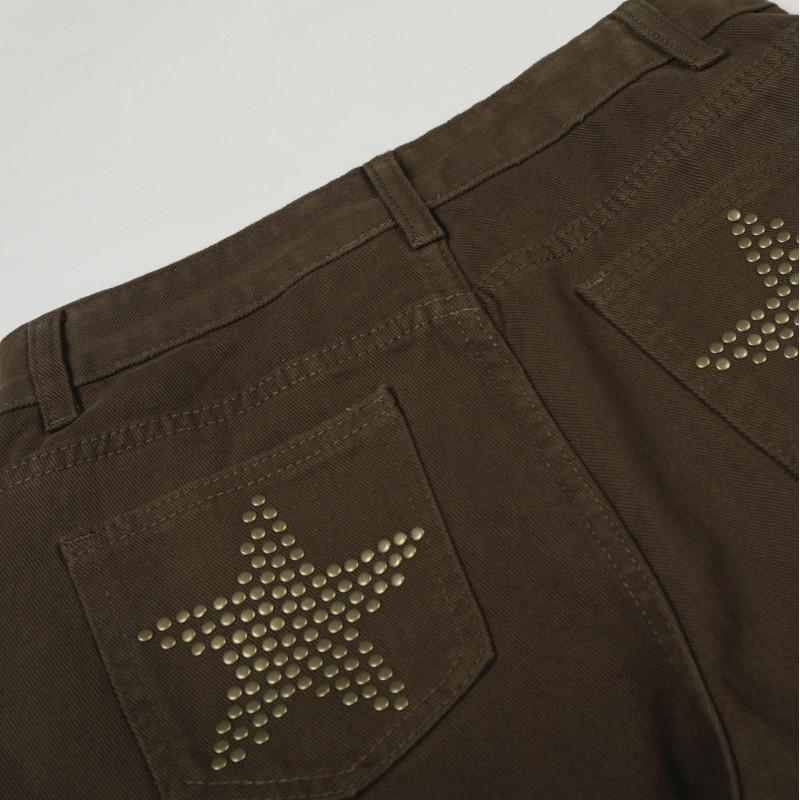Unisex Streetwear Loose Fit Cotton Trousers With Star Detail - Black Coffee Color Straight Leg Casual Pants