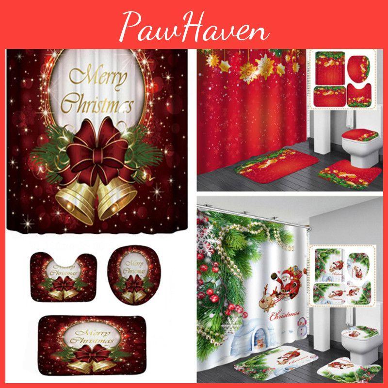 Festive Christmas Shower Curtain And Bathroom Mat Set With Waterproof Material