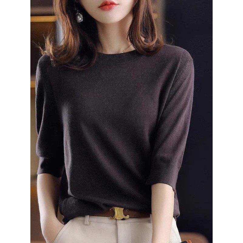 Round Neck Mid-Sleeve Knit Shirt for Women, New Summer Style, Retro Elegant Loose Plus-Size Top, Five-Quarter Sleeve T-Shirt, Base Shirt