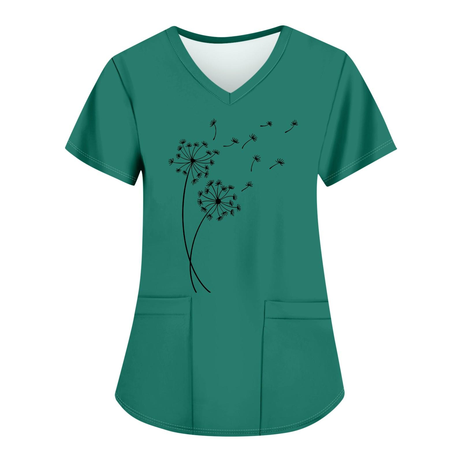 

Жіночі модні робочі футболки з принтом і V-подібним вирізом з короткими рукавами та кишенями S зелений