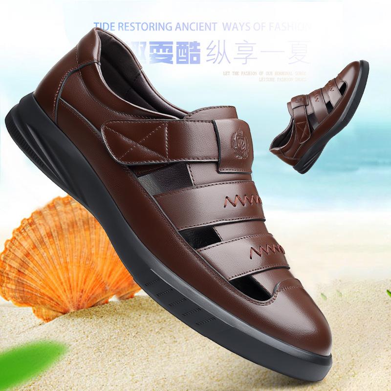 Men's casual leather sandals men's Korean version trend hole shoes summer men's shoes work shoes men's black Velcro sandals