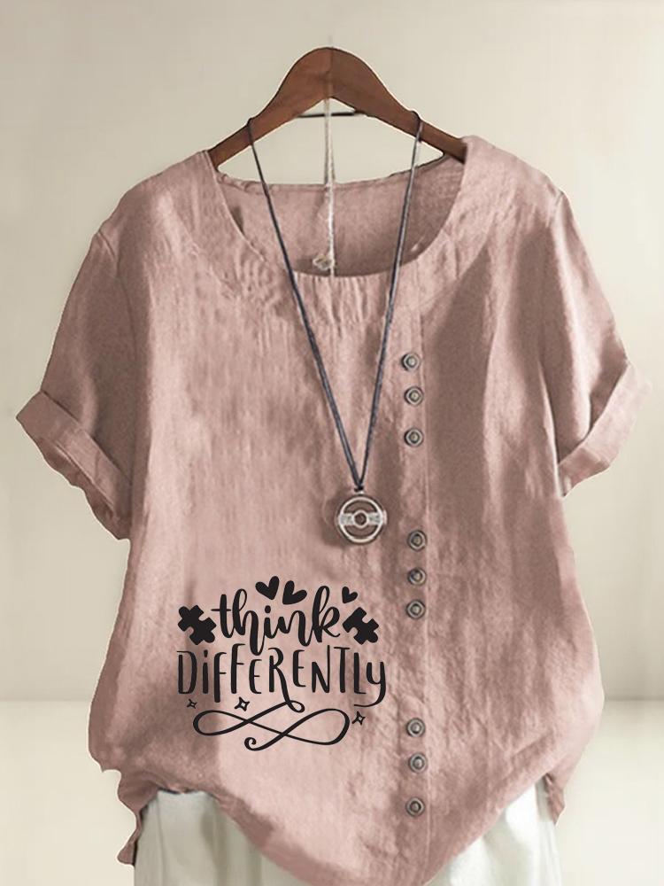 Women s Fashion Black Letters Print Casual Cotton Linen Short Sleeve Round Neck T-shirt Shirt Leisure Loose Summer Blouse Tops S розовый