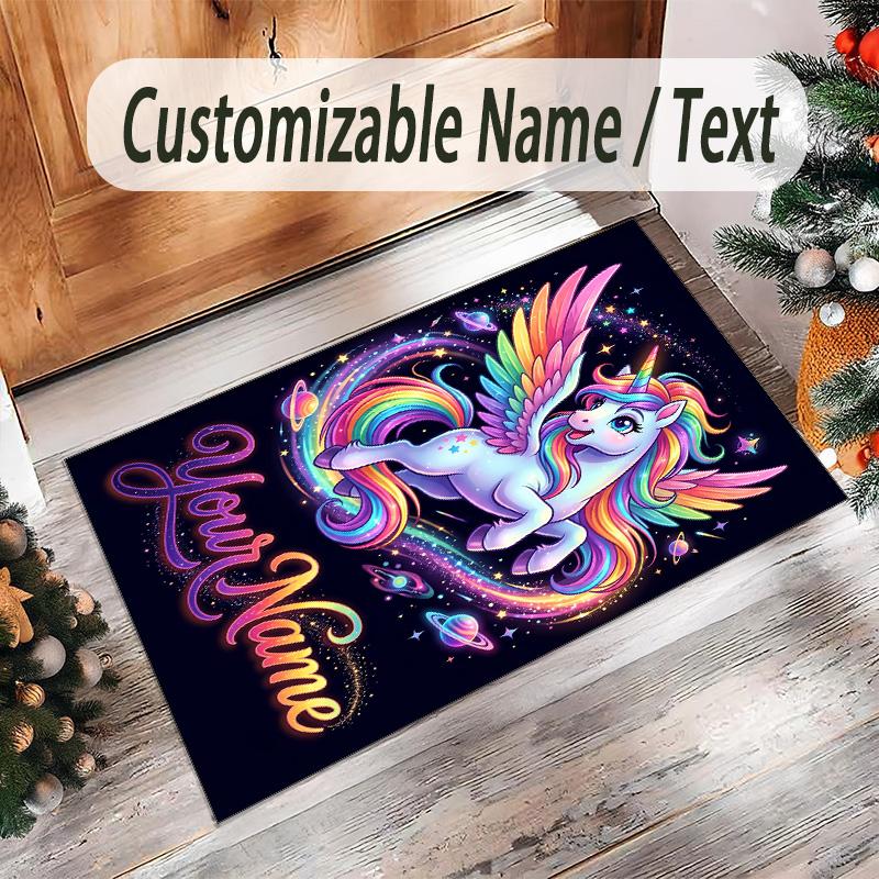 Unicorn Theme Crystal Velvet Floor Rug Personalized Custom Name Text Warm Carpet Home Decoration