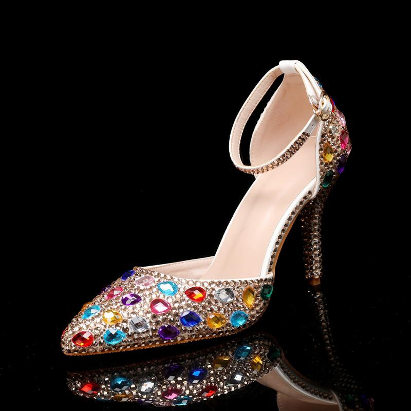 Fashion Star Stil Luxus Strasssteine Gemischte Farbe Damen Pumps Mode Spitzschuh Knöchelriemen Hohe Absätze Frühling Sommer Party Kleiderschuhe