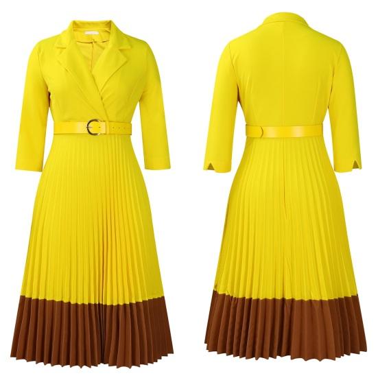 Women's Long Sleeve Blazer Dress V Neck Notched Lapel Pleated Swing Midi Dress Business Office Work Dress with Belt