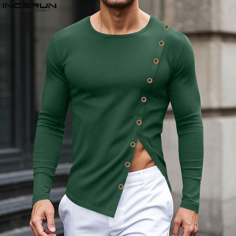 INCERUN Summer Men's Round Neck Long Sleeve Buttons Design Irregular T-shirts Tops