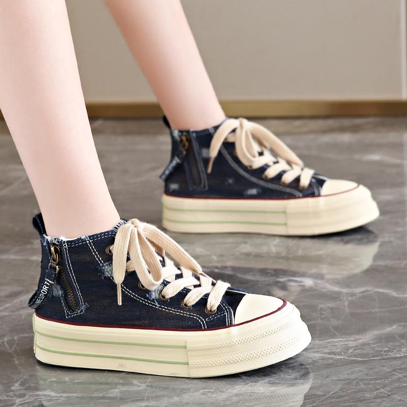 Women Platform Canvas Shoes Retro Student Shoes High Top Sneakers Lace Up Comfortable Skateboard Flat Zipper Sneakers For Female