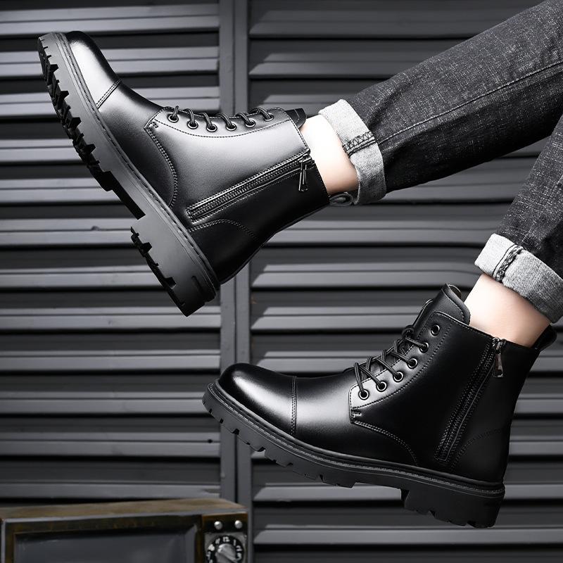 Botas Martin masculinas estilo britânico triplo junta couro de vaca botas de ferramenta locomotiva bico redondo zíper duplo botas de tendência