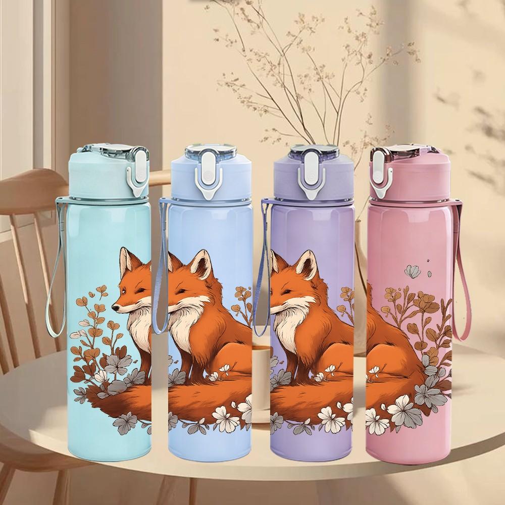 1PC Autumn Fox Illustration 750ml Color Plastic Sports Water Bottle Leakproof Flip Straw Lid Suitable for Sports Office Home Use
