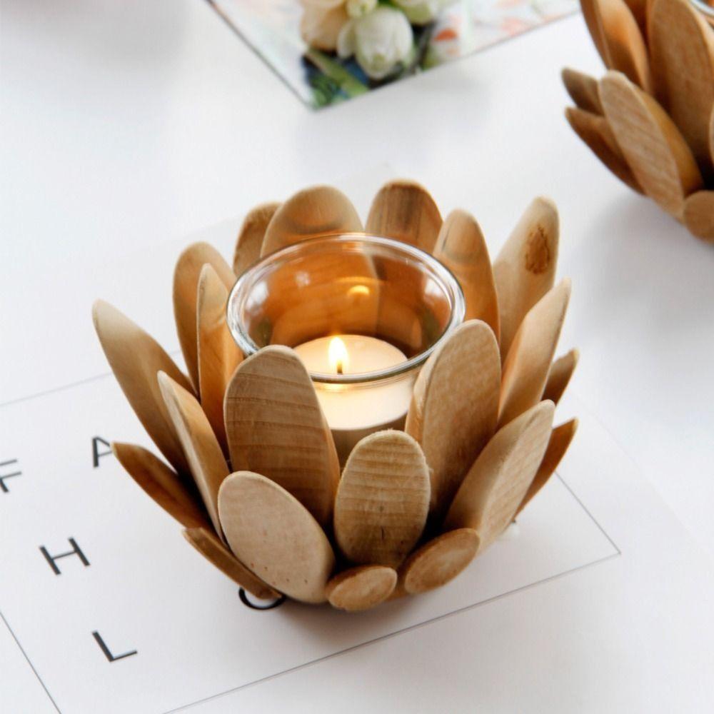 Durable Retro Wooden Petal Candle Holder Romantic Elegant Lotus Shape Candlestick Unique Creative Candle Stands Table Decoration