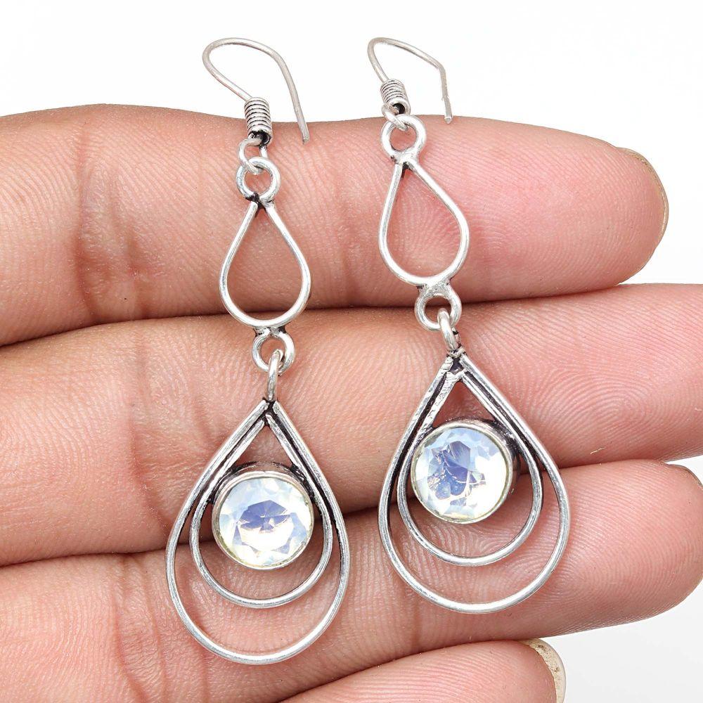 White Topaz Gemstone Handmade Silver Jewelry Earrings 1.5''