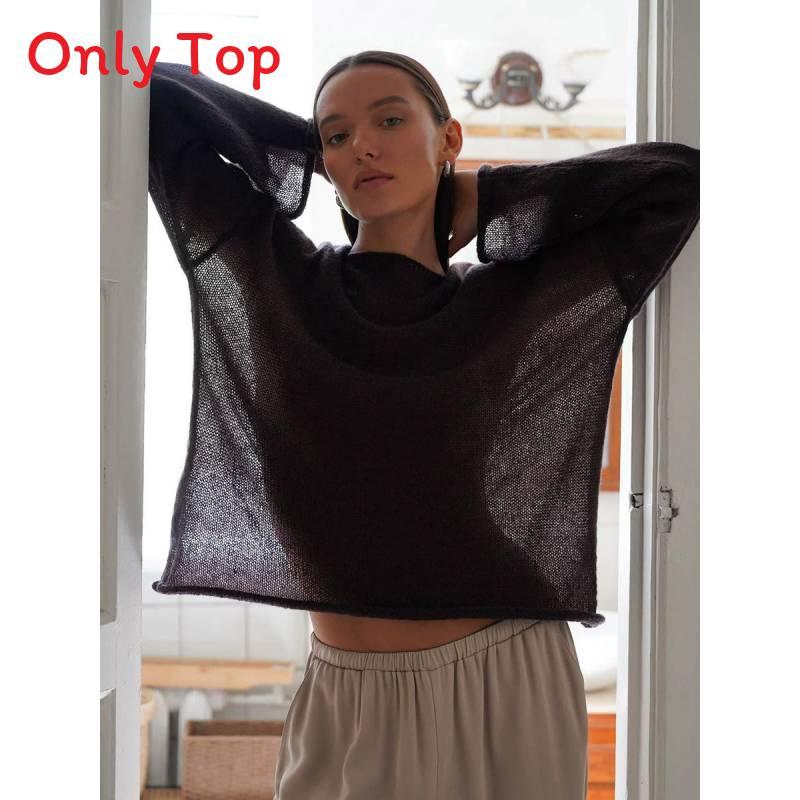 Polyester Knit Sweater With Openwork Lace Design Bell Sleeve Round Neck Summer Layering Top