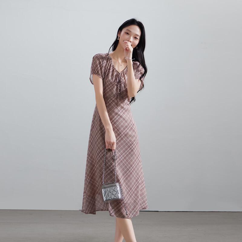 SOFSIL Women s Checkered V-neck Short-sleeve Dress M