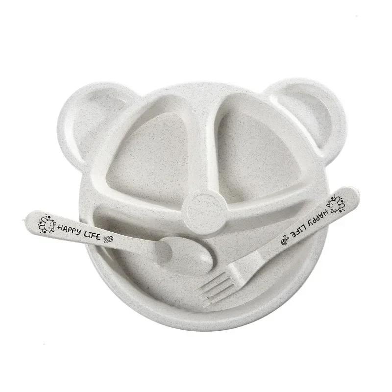 

3 шт./компл. посуда для кормления детского питания, миска с изображением медведя + ложка + вилка, посуда для еды, детская посуда, детская обеденная тарелка бежевый