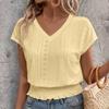Women Tops V-Neck Short Sleeve Jacquard Decoration Pullover Tops Solid Color Loose Fit Elastic Hem T-shirt