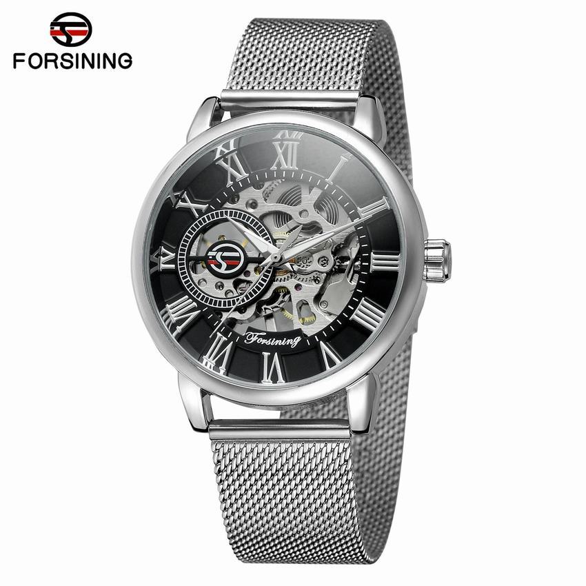 Forsining Watch Men's Fashion Leisure Roman Numerals Digital Mesh Belt Hollow Out Mechanical Watch