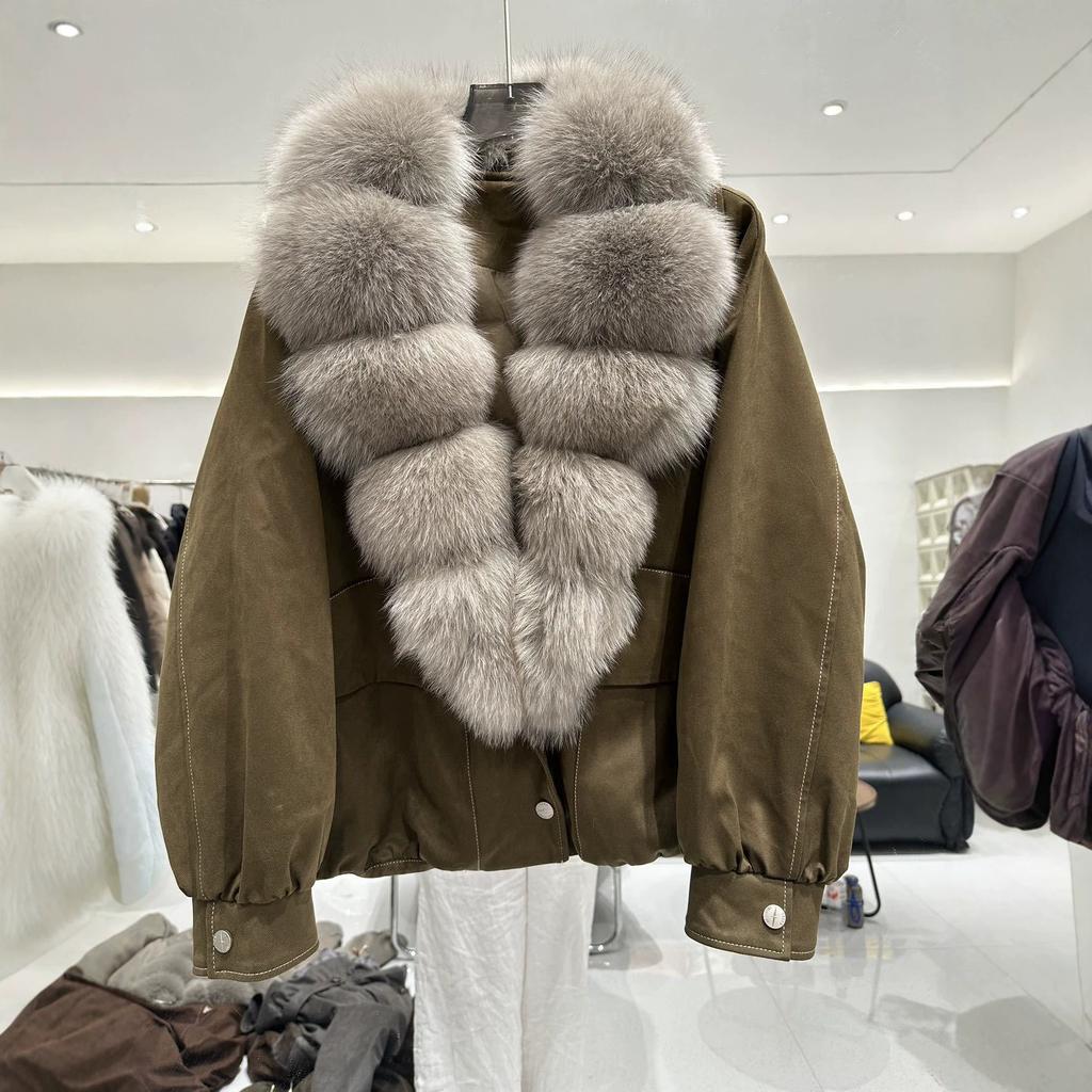 Winter new big fur collar real hair down jacket women's short thickened warm fox fur collar suede pie overcome