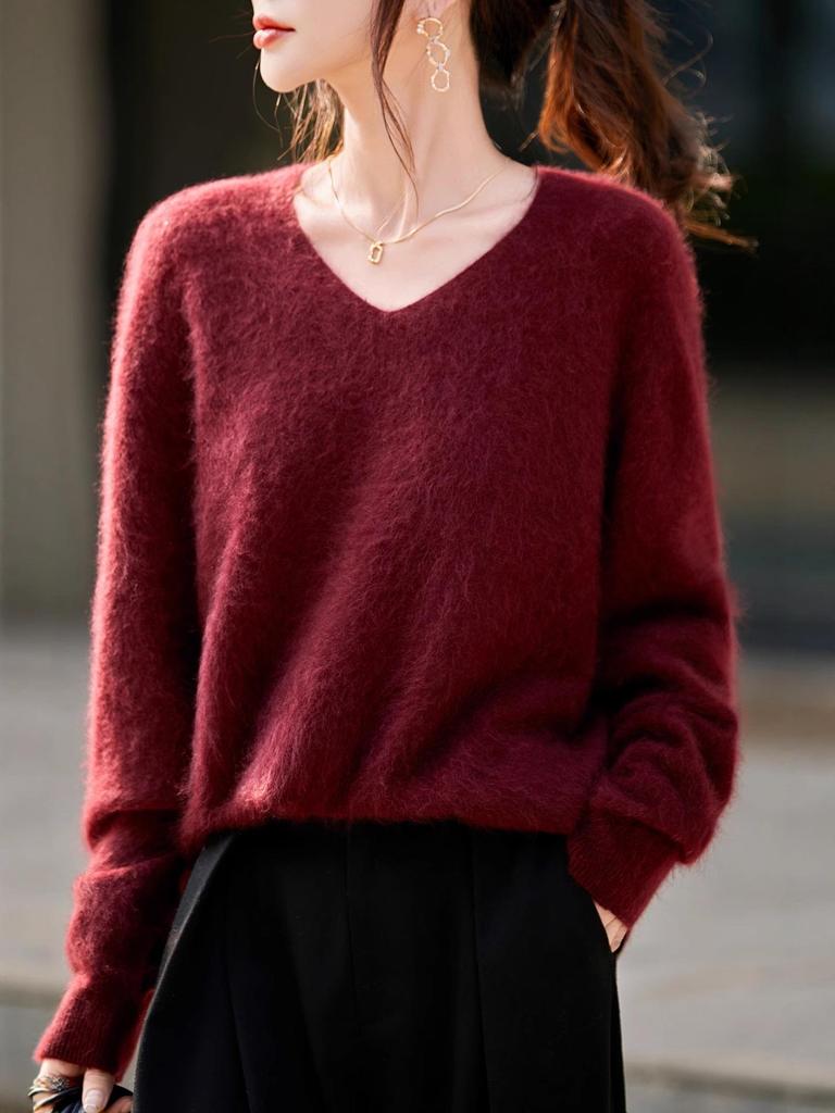 Autumn & Winter 100% Pure Wool V-Neck Loose Women's Knitted Sweater