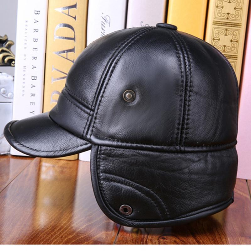 High Quality Leather Fur Hat Winter Outdoor Hat Cold-proof Old Man's Black Brown Leather Earring Bomber Hats