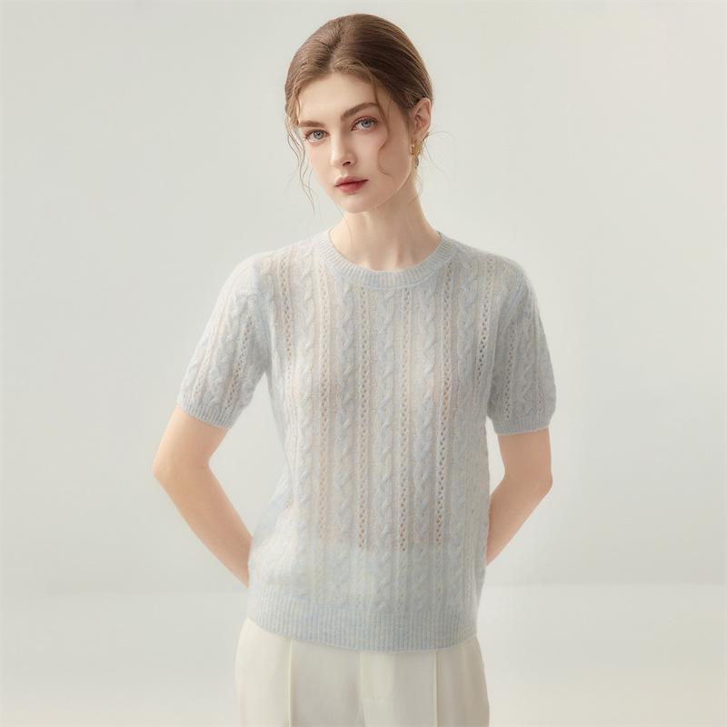 Lekasha Cashmere Cable Knit Hollow Design Round Neck Loose Women's Short Sleeve Top