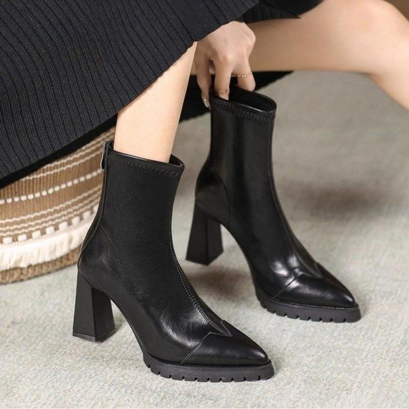 

Ботильоны на блочном каблуке, облегающие ногу, осенне-зимние новинки, с острым носком, из натуральной кожи, с молнией сзади, на платформе, нескользящие 40