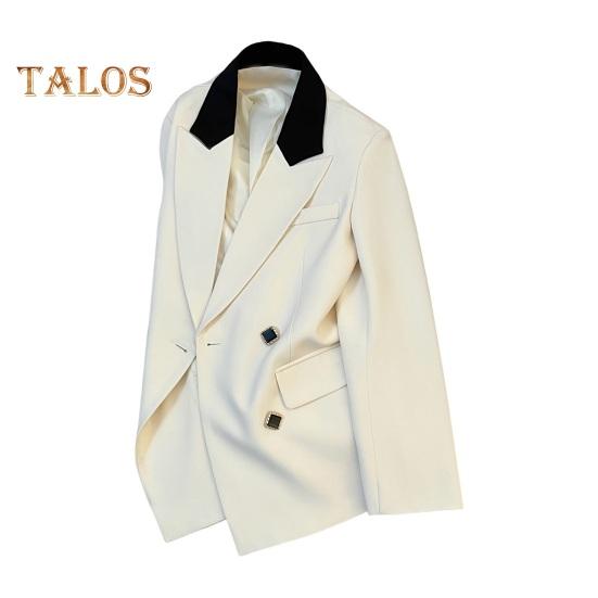 Women Suit Coat Lapel Long Sleeve Double Breasted Suit Jacket with Flap Pockets Loose Fit Business Outwear