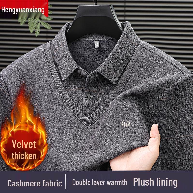 Hengyuanxiang Men's Pure Cashmere Two-Piece Look Thickened Winter Sweater