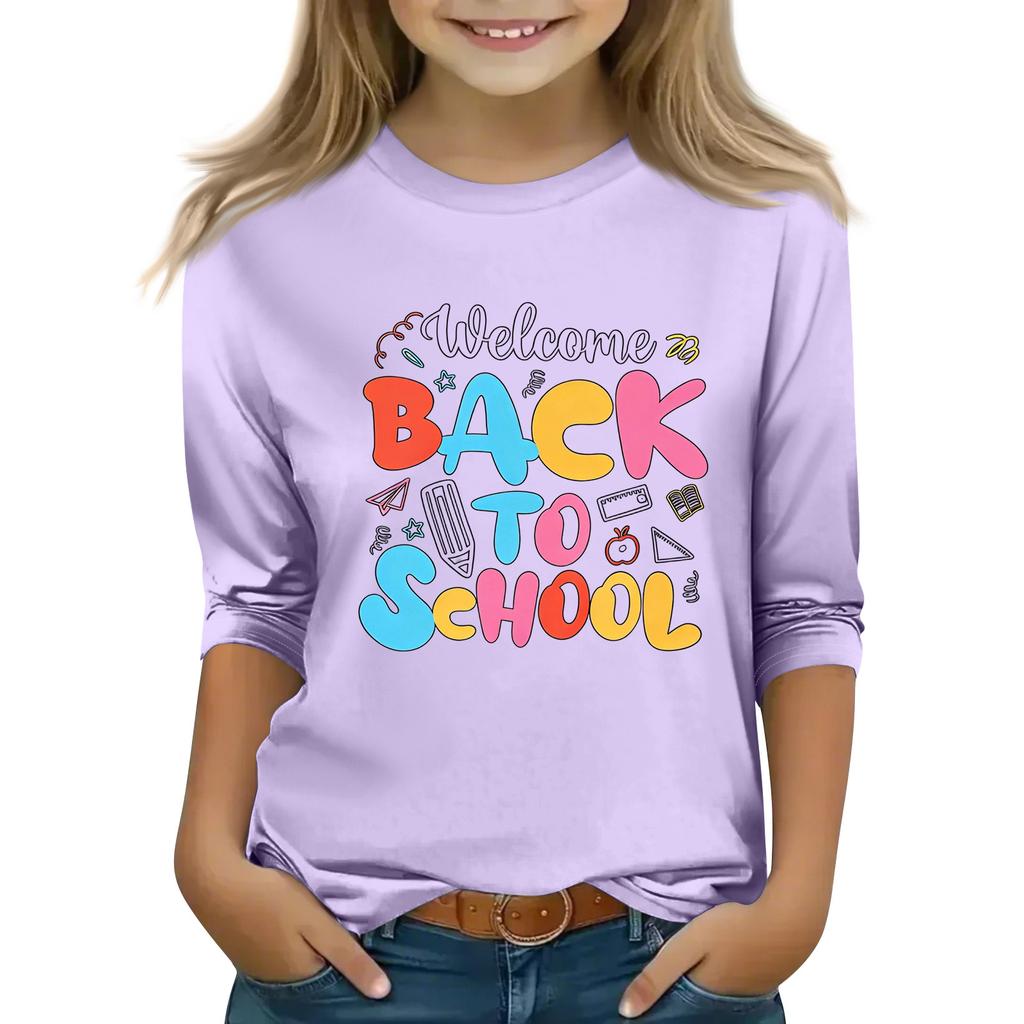 Kids Casual Printed Round Neck 3/4 Sleeve Top for Back To School