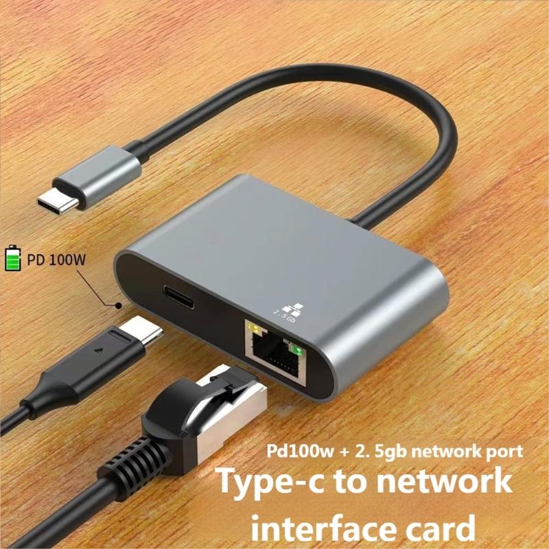Portable Aluminum Alloy USB C Male to RJ45 Ethernet processor Supporting 2500Mbps and 100W Fast Charging Plug and Play for Home Office