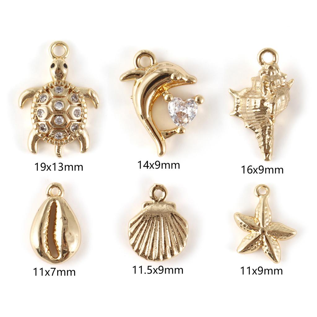 5pcs/set Ocean Shell 3d Brass Charms 18k Gold Plated With Transparent Zircon Marine Brass Pendant Summer Necklace Findings
