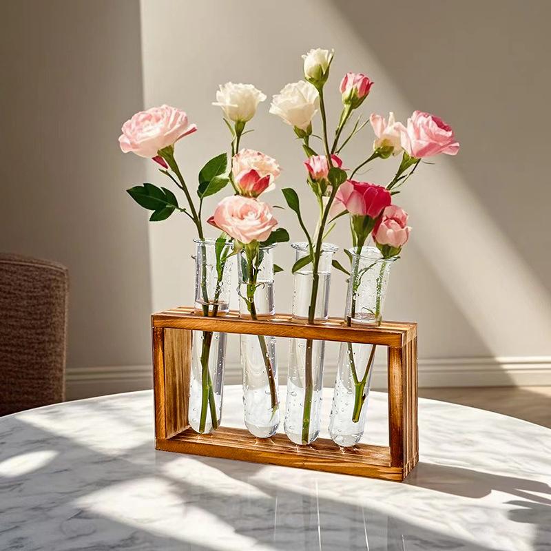 1 Set Creative Hydroponic Plants Container With Wood Frame Transparent Test Tube Vase Bonsai Home Desktop Decor Crafts